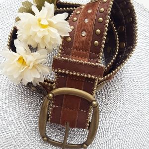 Vtg Kathy Van Zeeland Belt🍂Studded Rhinestone Brown Fur Faux Leather